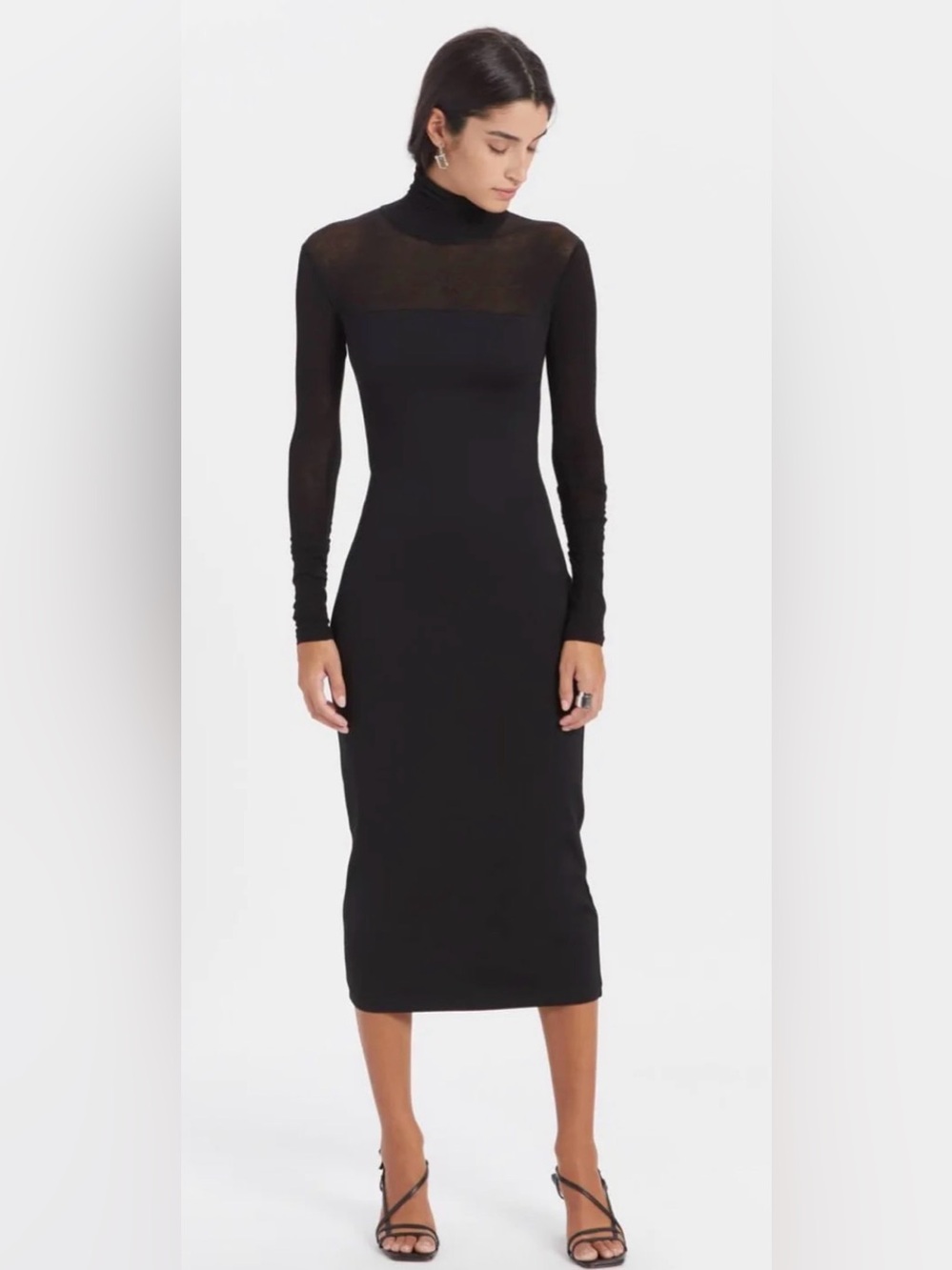 Marcella Women’s Marina Black Fitted Ponte w/ Sheer Turtleneck Midi Dress Small